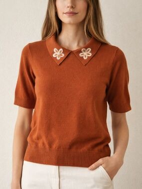 La Vila Milano Rust Floral Collar Knit Top Short Sleeve Sweater L Retro Preppy